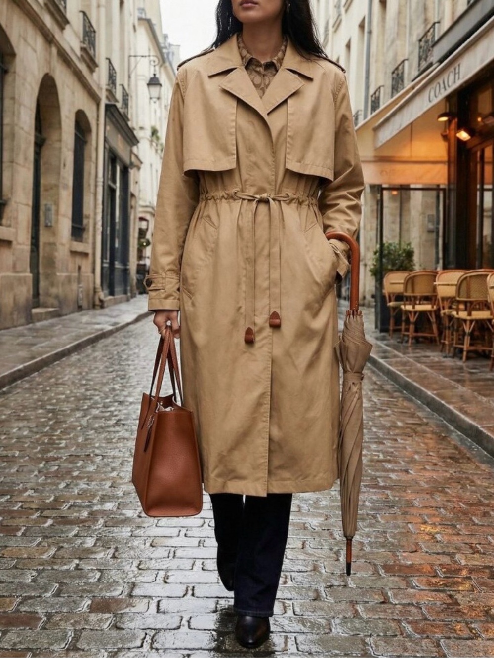 Coach Tan Drawstring Waist Trench Coat with Monogram lining